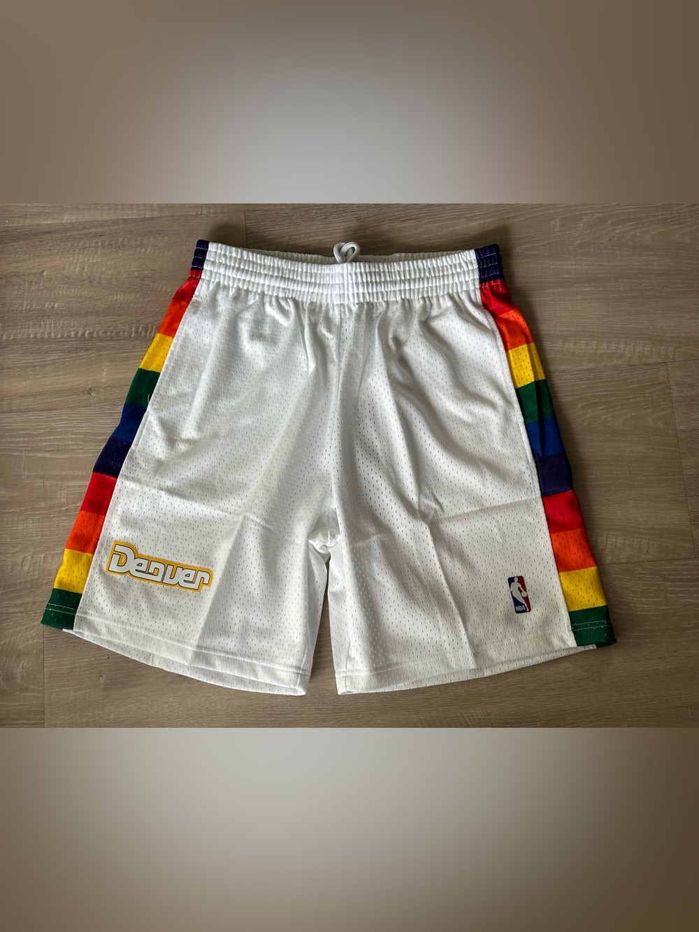 Mitchell & Ness White Denver Shorts with Rainbow Side Panels